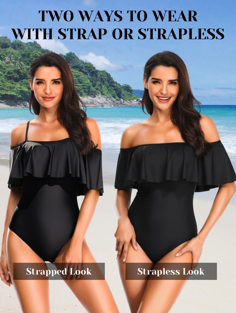 Tempt Me Women's Black Off Shoulder One Piece Swimsuits Flounce Ruffle Bathing Suits S - Image 3
